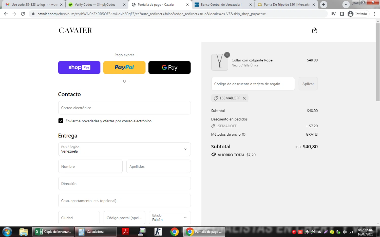 Cavaier discount code screenshot showing code 15EMAILOFF applied at Cavaier checkout page. Uploaded by SimplyCodes community member ValiantTitan4231 on Jul 16, 2025