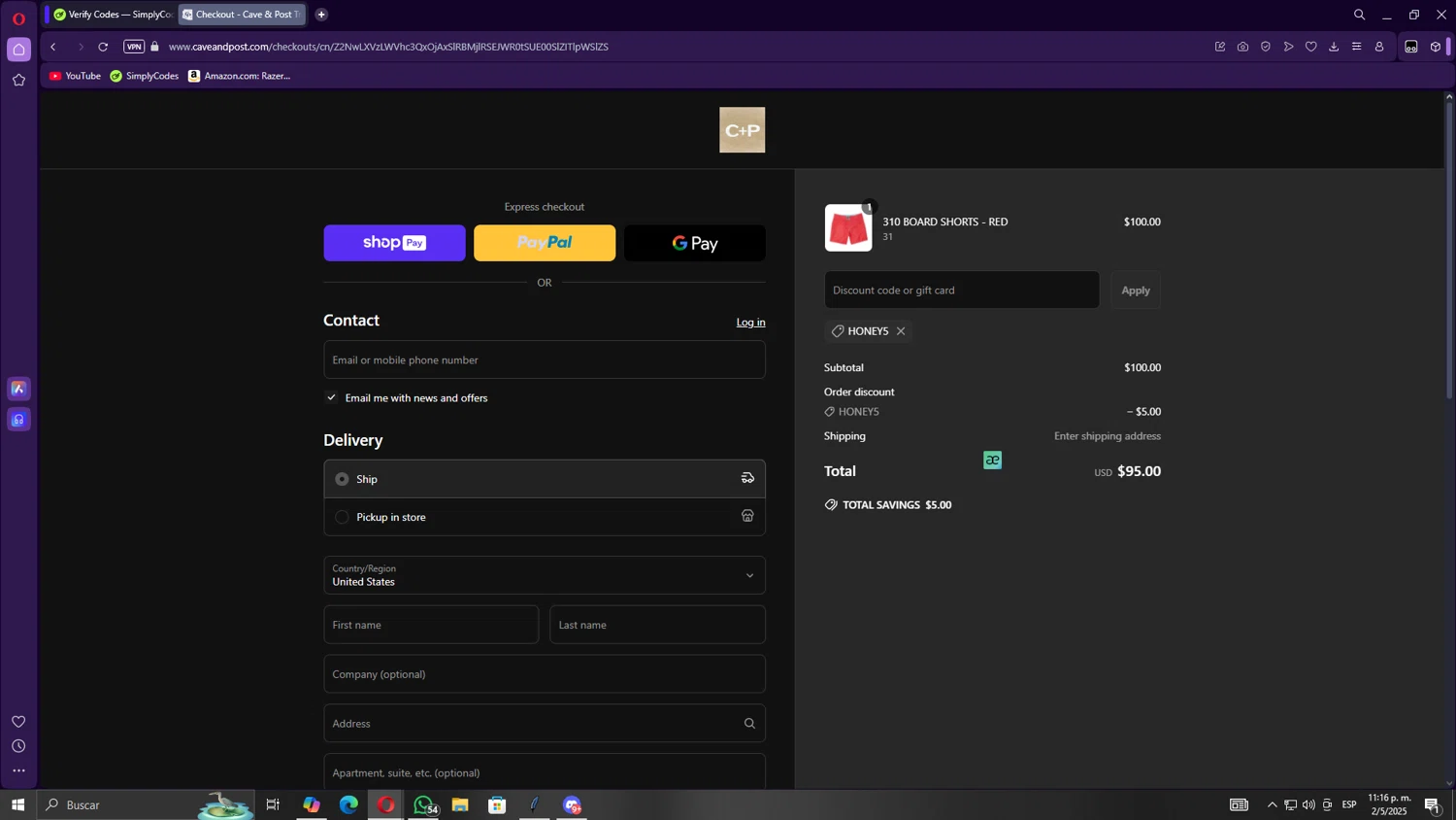 Cave + Post Trading Co. promo code screenshot showing code HONEY5 applied at Cave + Post Trading Co. checkout page. Uploaded by SimplyCodes community member Gojira on May 3, 2025