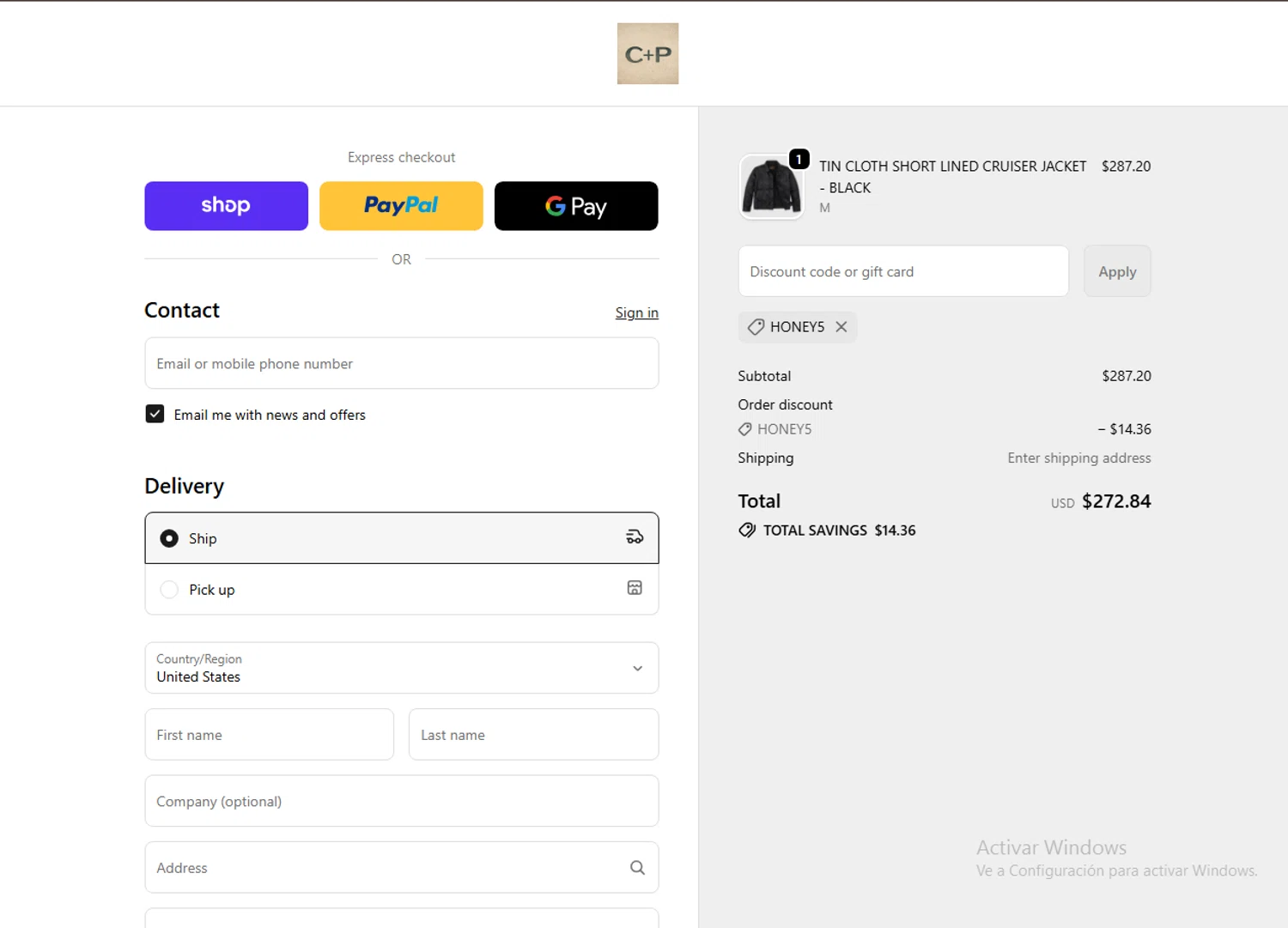 Cave + Post Trading Co. promo code screenshot showing code HONEY5 applied at Cave + Post Trading Co. checkout page. Uploaded by SimplyCodes community member GoldMonarch2173 on Nov 29, 2025