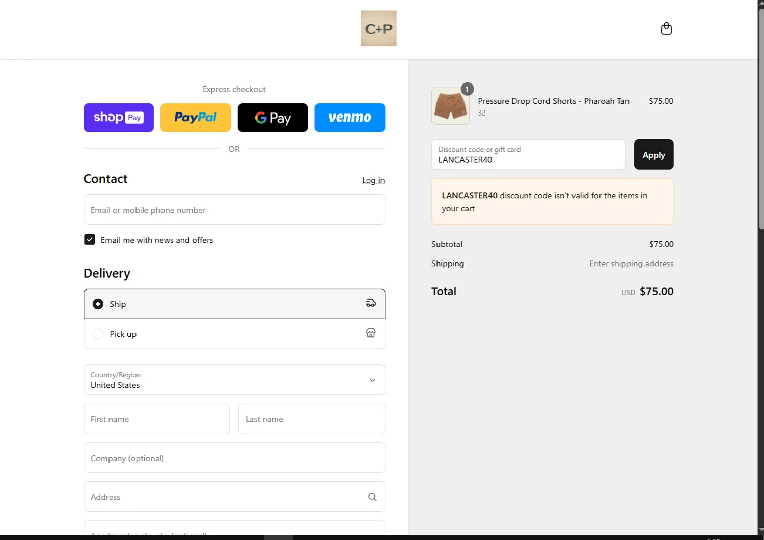 Cave + Post Trading Co. promo code screenshot showing code LANCASTER40 applied at Cave + Post Trading Co. checkout page. Uploaded by SimplyCodes community member SalePhoenix2220 on Aug 26, 2025