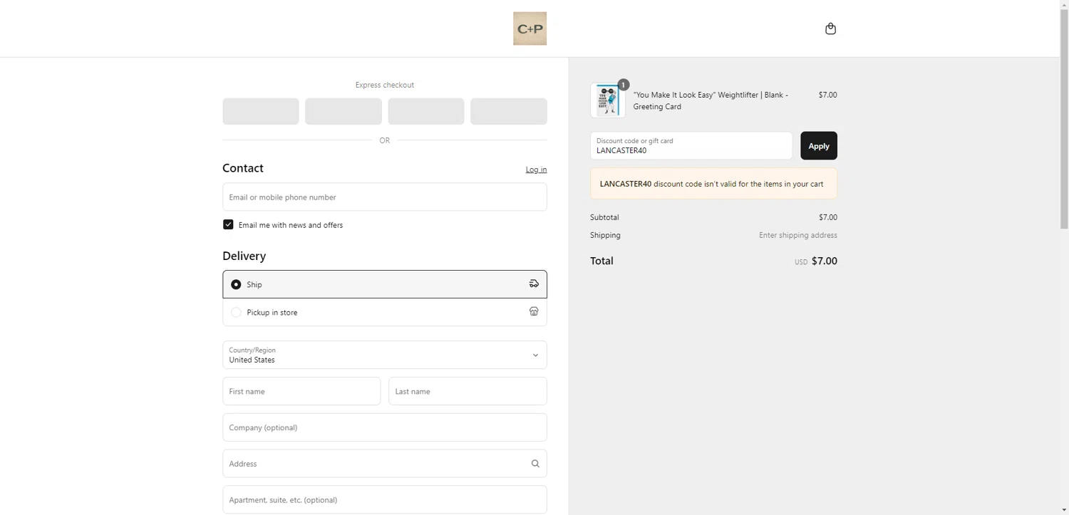 Cave + Post Trading Co. promo code screenshot showing code LANCASTER40 applied at Cave + Post Trading Co. checkout page. Uploaded by SimplyCodes community member ThriftyPhoenix5129 on May 13, 2025