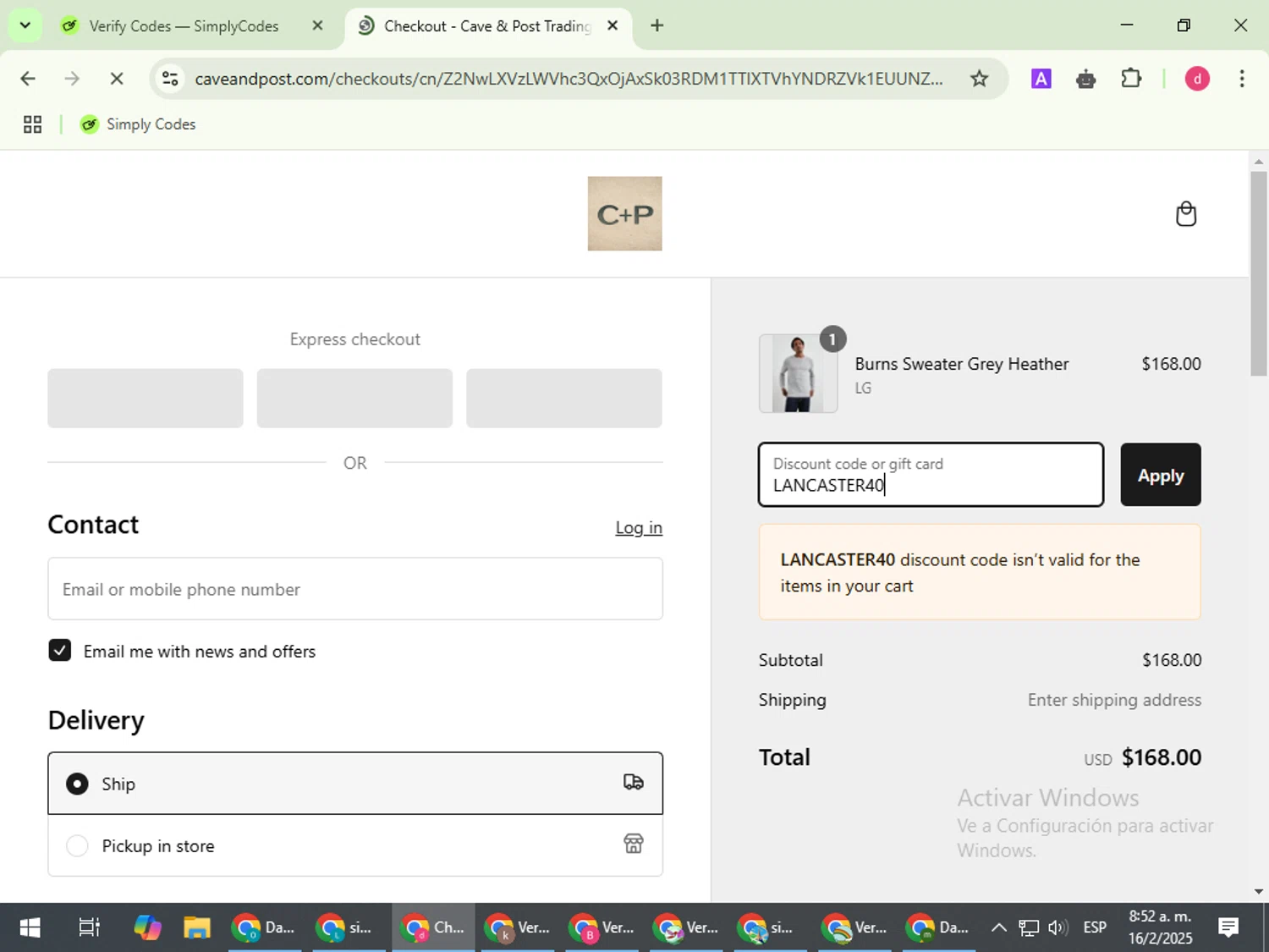 Cave + Post Trading Co. promo code screenshot showing code LANCASTER40 applied at Cave + Post Trading Co. checkout page. Uploaded by SimplyCodes community member BudgetVoyager5452 on Feb 16, 2025