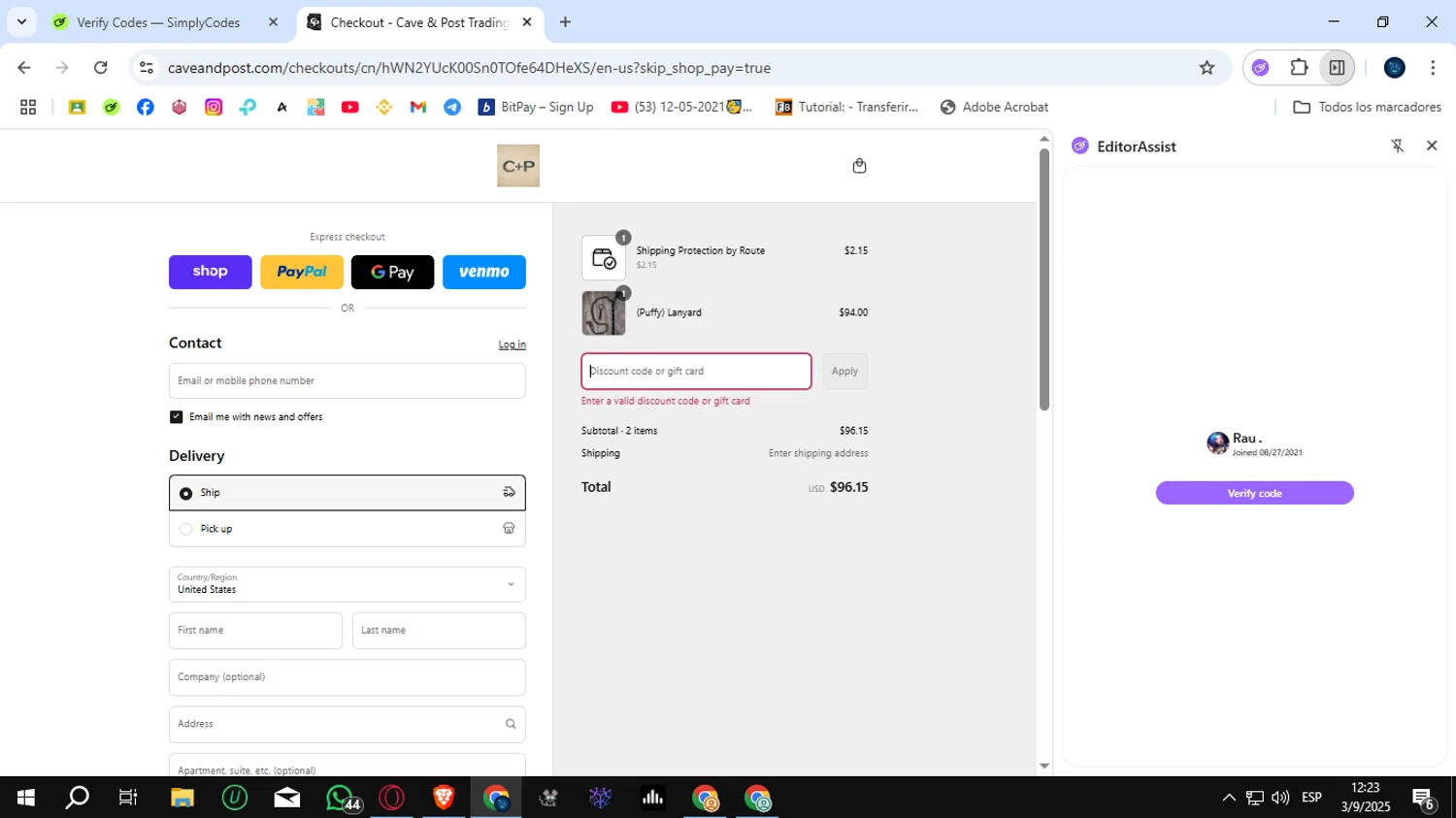Cave + Post Trading Co. promo code screenshot showing code LABORCAVE15 applied at Cave + Post Trading Co. checkout page. Uploaded by SimplyCodes community member SunJinWoo on Sep 3, 2025