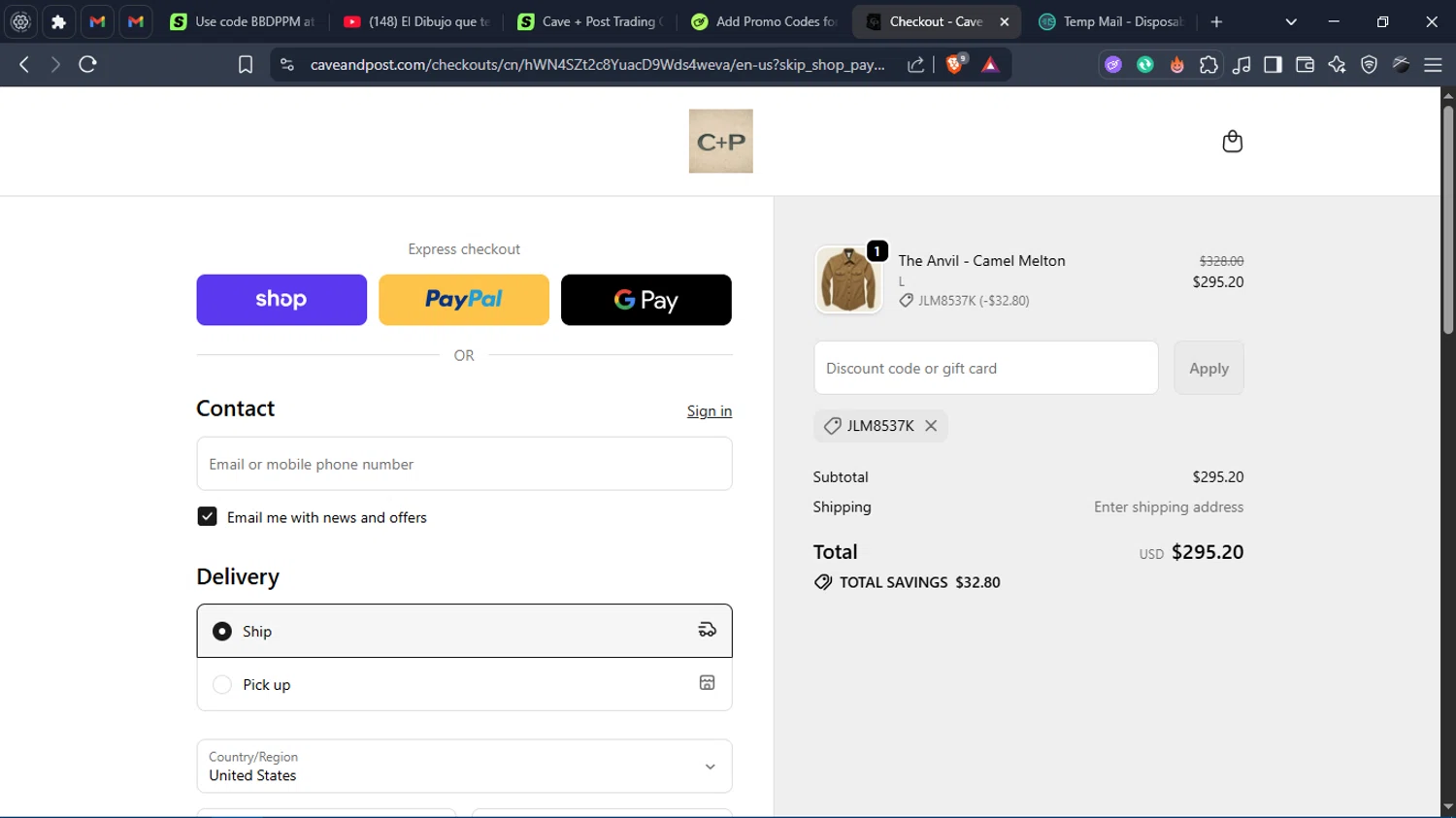 Cave + Post Trading Co. promo code screenshot showing code JLM8537K applied at Cave + Post Trading Co. checkout page. Uploaded by SimplyCodes community member Charlote on Oct 23, 2025