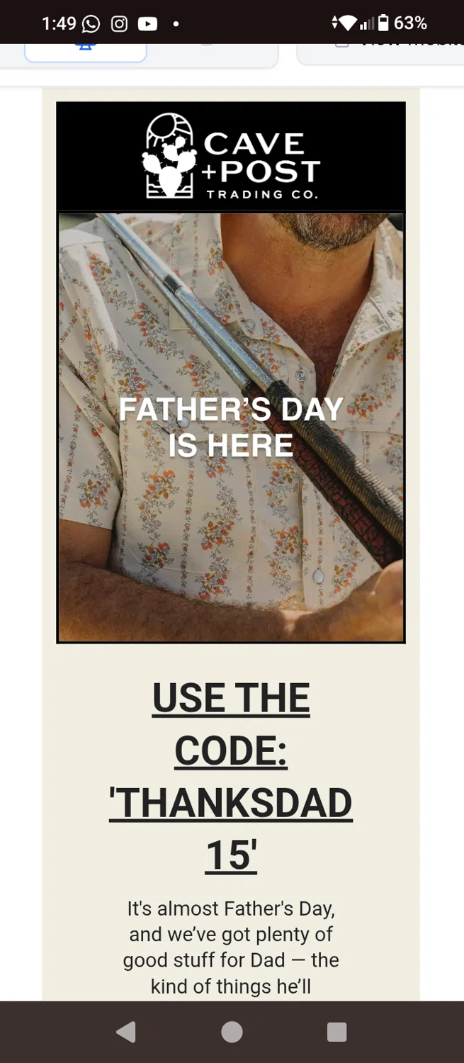 Cave + Post Trading Co. promo code screenshot showing code THANKSDAD15 applied at Cave + Post Trading Co. checkout page. Uploaded by SimplyCodes community member Codehunter on Jun 12, 2026