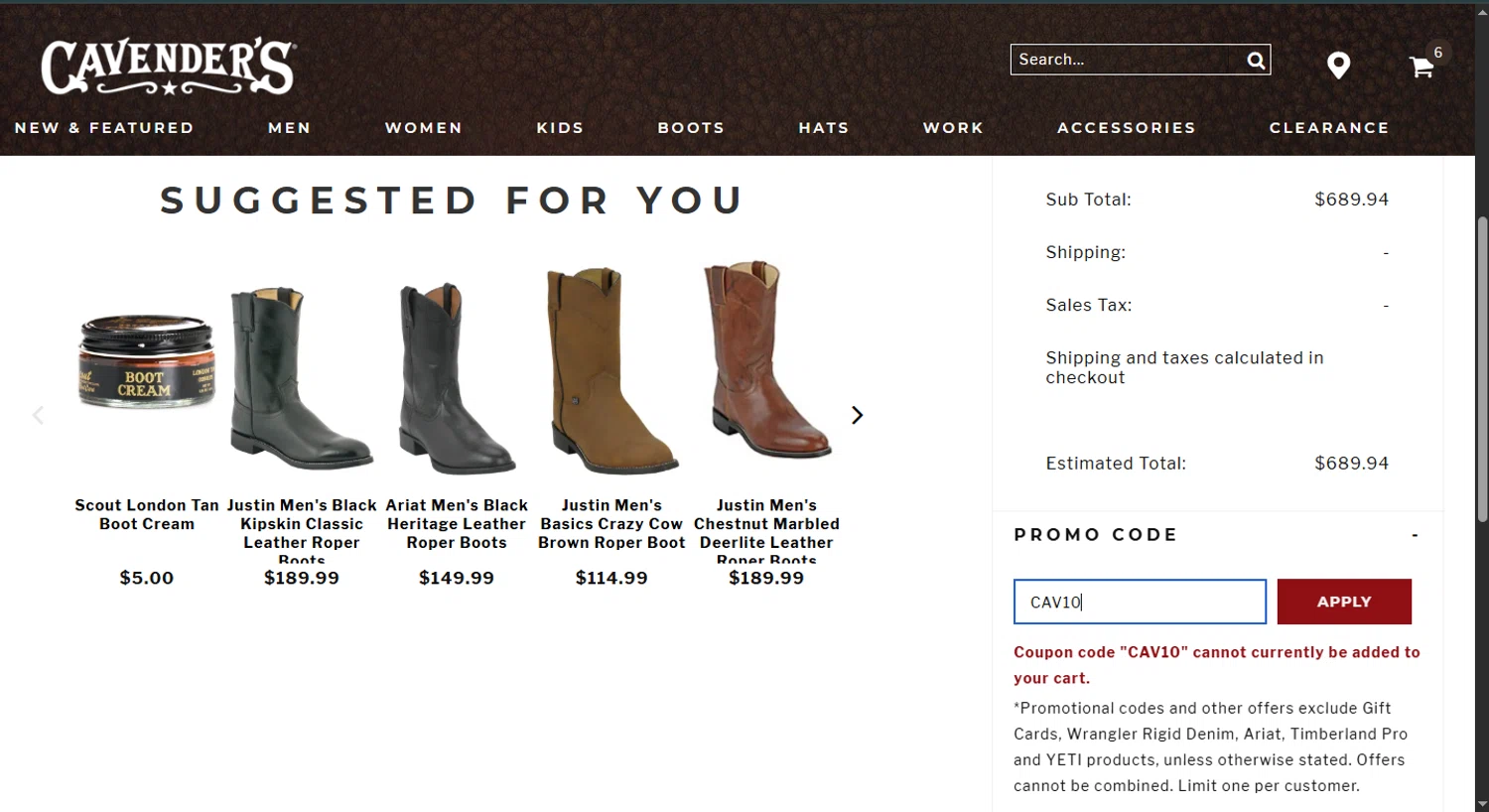 Cavenders promo code screenshot showing code CAV10 applied at Cavenders checkout page. Uploaded by SimplyCodes community member SmartWhiz589 on Apr 25, 2025