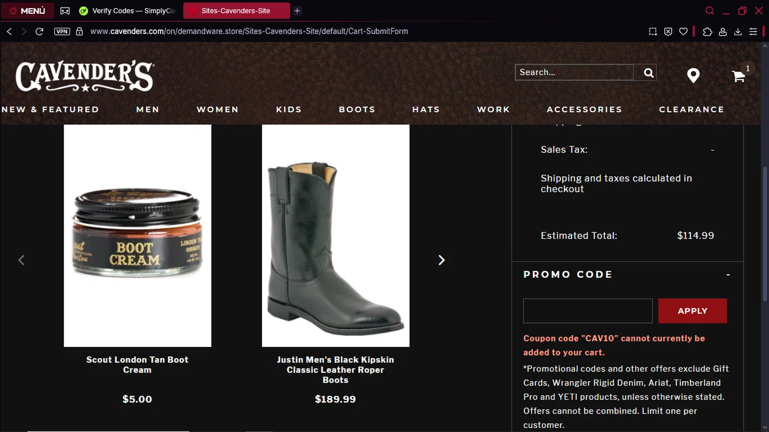 Cavenders promo code screenshot showing code CAV10 applied at Cavenders checkout page. Uploaded by SimplyCodes community member buda7512864542576 on Apr 25, 2025