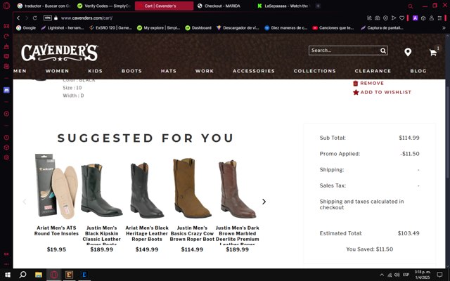 Cavenders checkout page showing Cavenders promo code box | Screenshot taken by SimplyCodes community member on Apr 1, 2025
