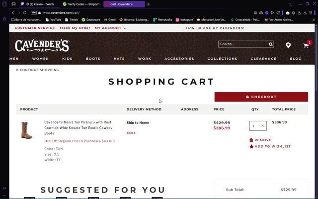 Cavenders checkout page showing Cavenders promo code box | Screenshot taken by SimplyCodes community member on Mar 28, 2025