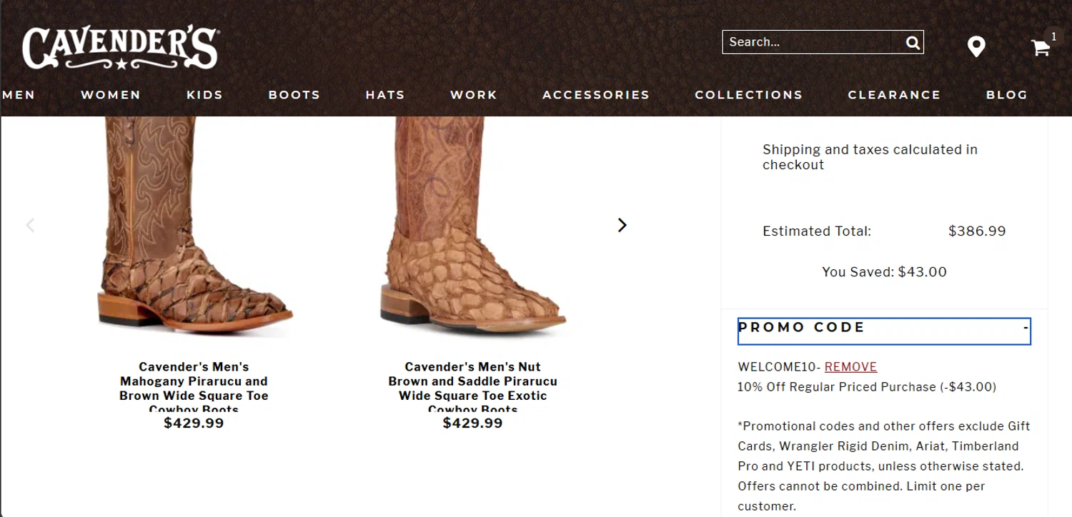 Cavenders promo code screenshot showing code WELCOME10 applied at Cavenders checkout page. Uploaded by SimplyCodes community member DealFinder8915 on Feb 23, 2025