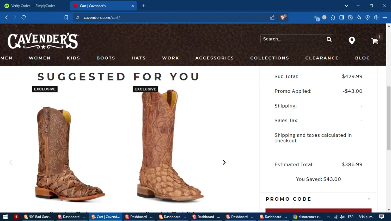 Cavenders promo code screenshot showing code WELCOME10 applied at Cavenders checkout page. Uploaded by SimplyCodes community member MagnificentVoyager2830 on Feb 23, 2025