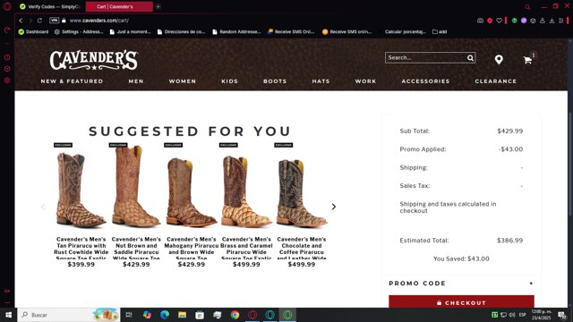 Cavenders checkout page showing Cavenders promo code box | Screenshot taken by SimplyCodes community member on Apr 23, 2025