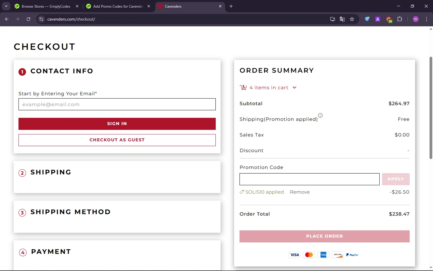 Cavenders promo code screenshot showing code SOLIS10 applied at Cavenders checkout page. Uploaded by SimplyCodes community member TokenChaser4876 on Aug 21, 2025