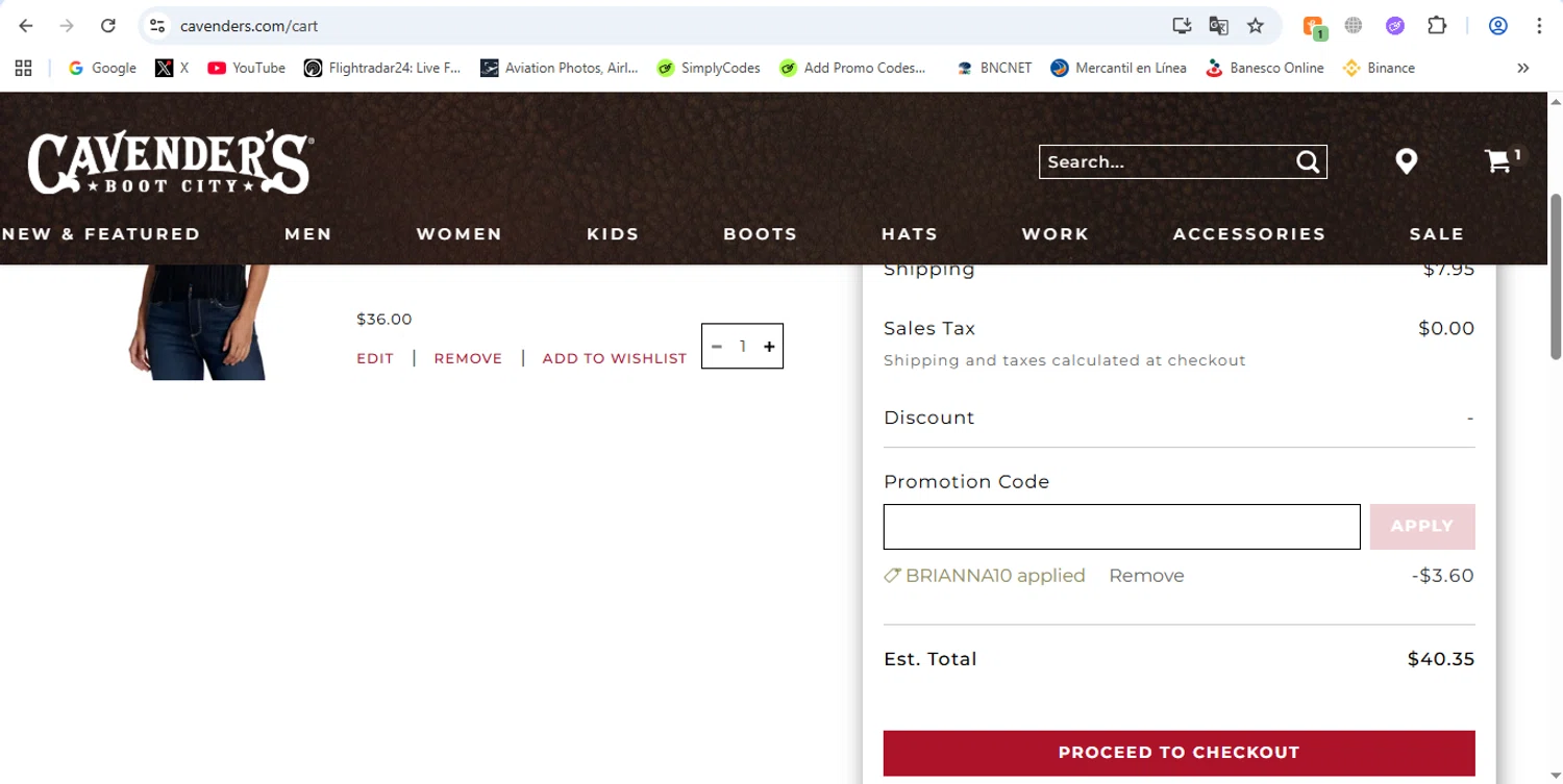 Cavenders promo code screenshot showing code Brianna10 applied at Cavenders checkout page. Uploaded by SimplyCodes community member victor on Aug 25, 2025
