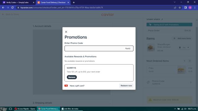 Caviar checkout page showing Caviar promo code box | Screenshot taken by SimplyCodes community member on Jun 9, 2023