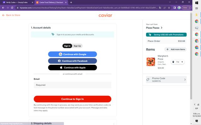 Caviar checkout page showing Caviar promo code box | Screenshot taken by SimplyCodes community member on Oct 19, 2023