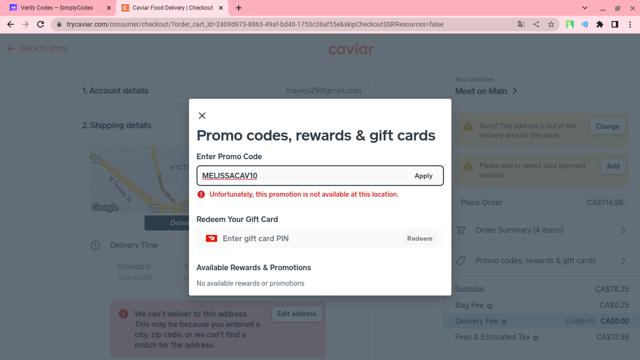 Caviar checkout page showing Caviar promo code box | Screenshot taken by SimplyCodes community member on Feb 6, 2024