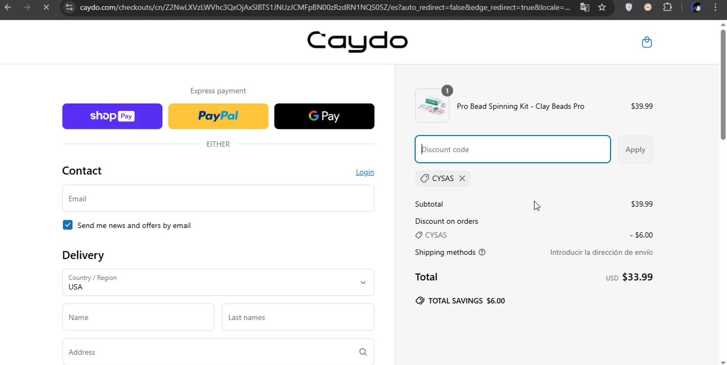 Caydo DIY promo code screenshot showing code CYSAS applied at Caydo DIY checkout page. Uploaded by SimplyCodes community member xXSATOXx on Mar 20, 2025