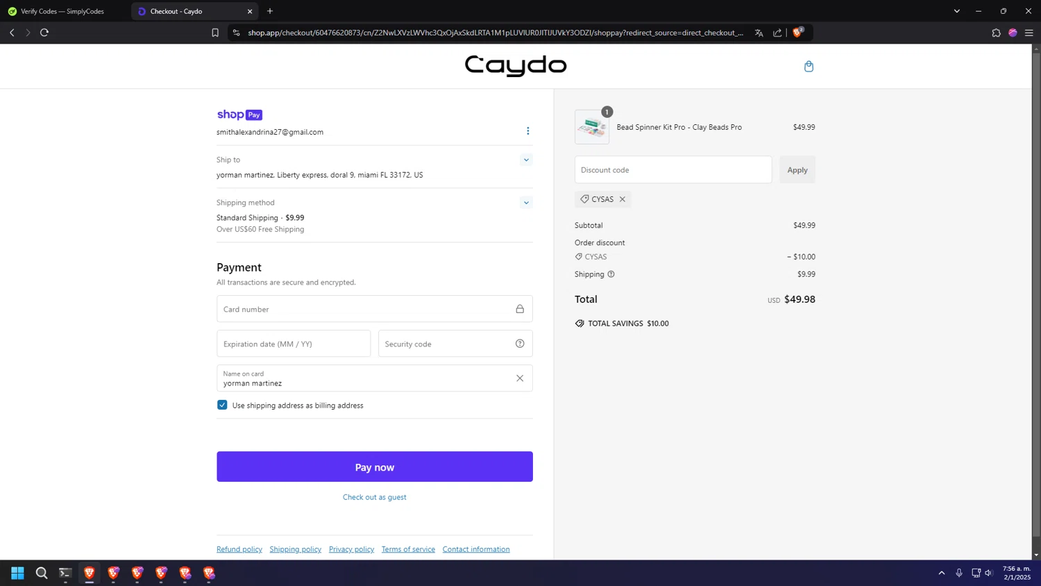 Caydo DIY promo code screenshot showing code CYSAS applied at Caydo DIY checkout page. Uploaded by SimplyCodes community member INSECTOS on Jan 2, 2025