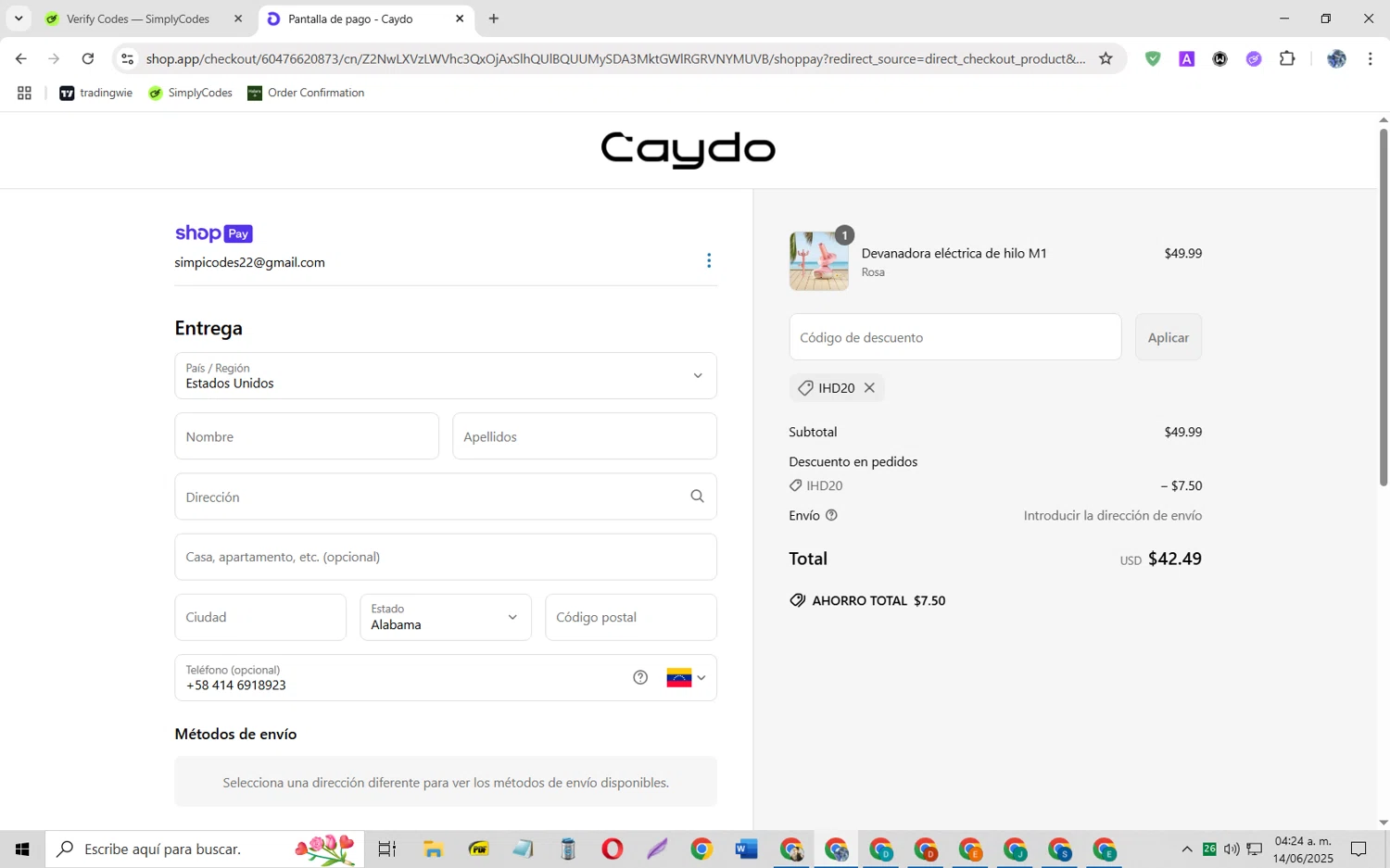 Caydo DIY promo code screenshot showing code IHD20 applied at Caydo DIY checkout page. Uploaded by SimplyCodes community member JoseH45 on Jun 14, 2025
