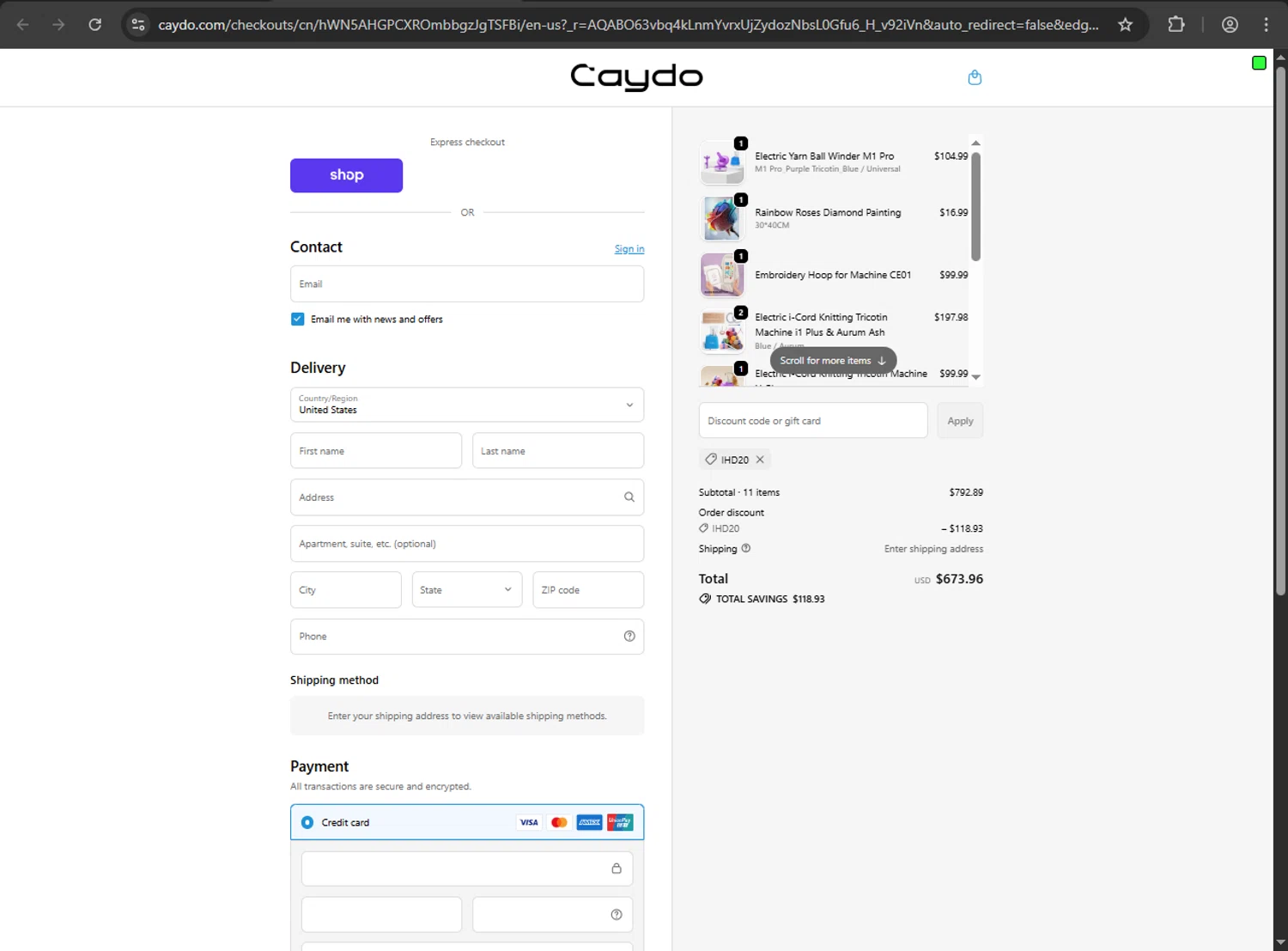 Caydo DIY promo code screenshot showing code IHD20 applied at Caydo DIY checkout page. Uploaded by SimplyCodes community member megagei on Nov 11, 2025