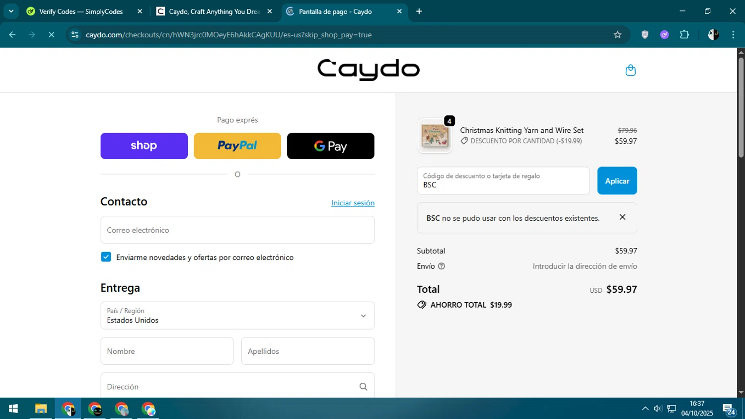 Caydo DIY promo code screenshot showing code BSC applied at Caydo DIY checkout page. Uploaded by SimplyCodes community member CleverSage9163 on Oct 4, 2025