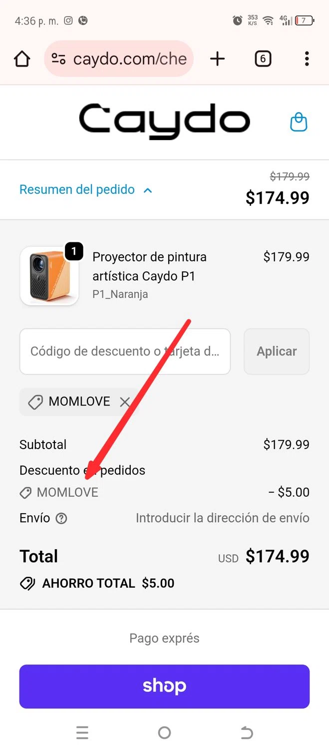 Caydo DIY promo code screenshot showing code MOMLOVE applied at Caydo DIY checkout page. Uploaded by SimplyCodes community member ADONAY on Oct 4, 2025