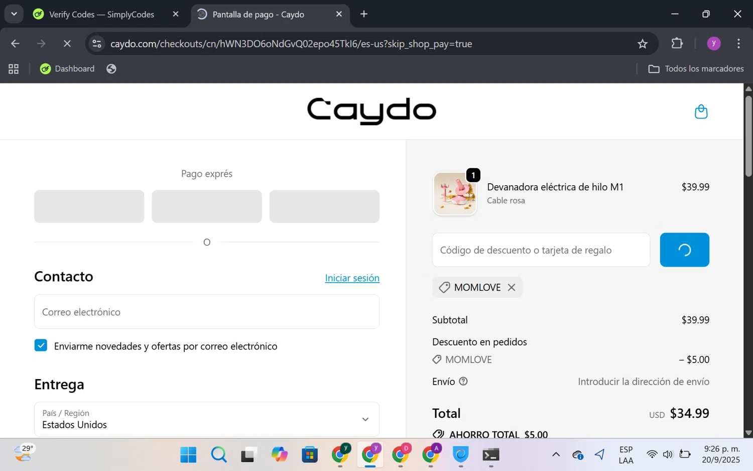 Caydo DIY promo code screenshot showing code MOMLOVE applied at Caydo DIY checkout page. Uploaded by SimplyCodes community member FrugalKnight6753 on Sep 21, 2025