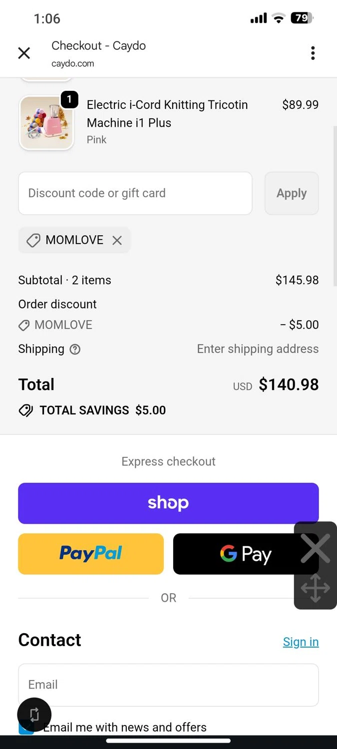 Caydo DIY promo code screenshot showing code MOMLOVE applied at Caydo DIY checkout page. Uploaded by SimplyCodes community member Teresa on Oct 8, 2025