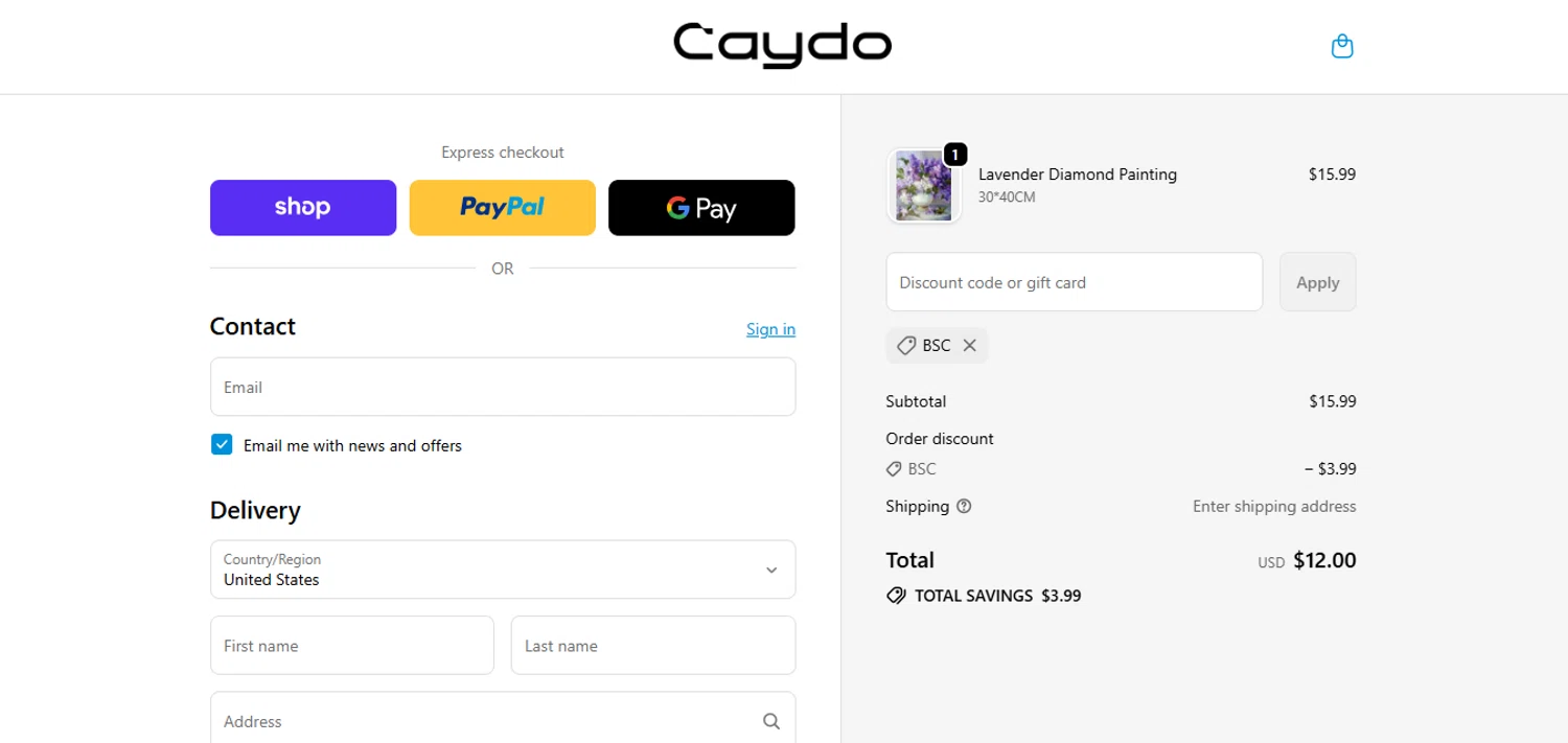 Caydo DIY promo code screenshot showing code BSC applied at Caydo DIY checkout page. Uploaded by SimplyCodes community member juanisaac on Sep 21, 2025