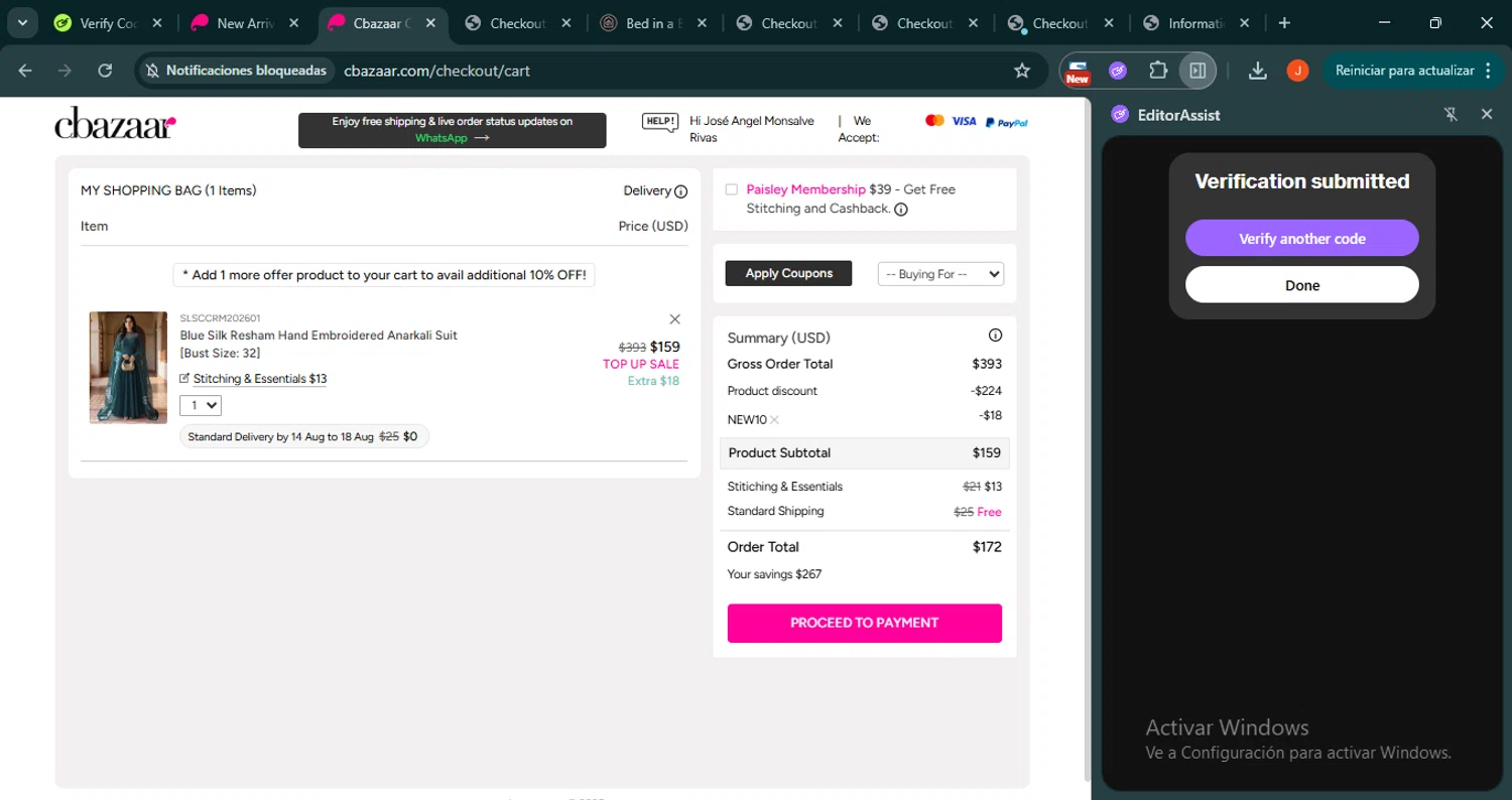 Cbazaar promo code screenshot showing code NEW10 applied at Cbazaar checkout page. Uploaded by SimplyCodes community member SilverRanger658 on Jul 13, 2025