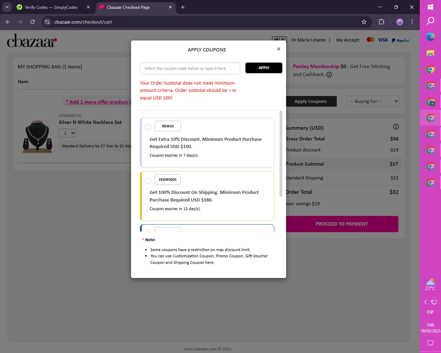 Cbazaar promo code screenshot showing code NEW10 applied at Cbazaar checkout page. Uploaded by SimplyCodes community member FortunateScholar4524 on Mar 19, 2025