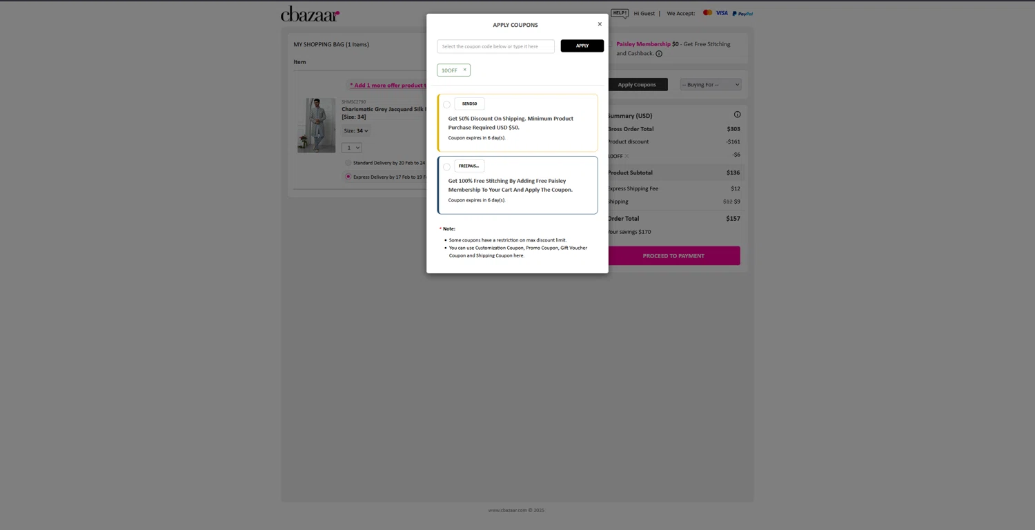 Cbazaar promo code screenshot showing code 10OFF applied at Cbazaar checkout page. Uploaded by SimplyCodes community member bluemoony on Jan 29, 2025