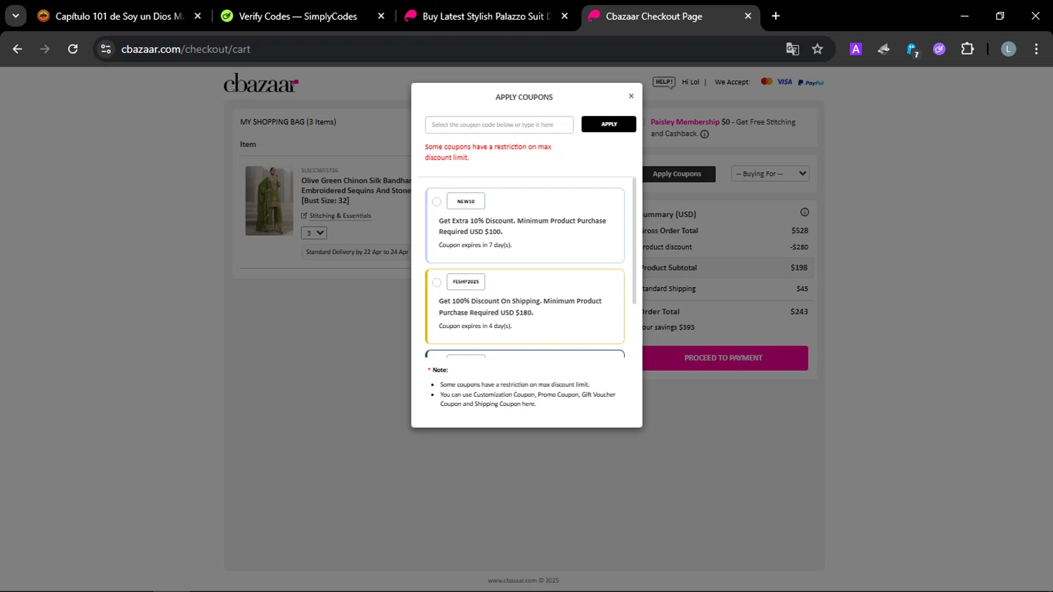 Cbazaar promo code screenshot showing code EXTRA20NJ1 applied at Cbazaar checkout page. Uploaded by SimplyCodes community member JuanChi on Mar 28, 2025