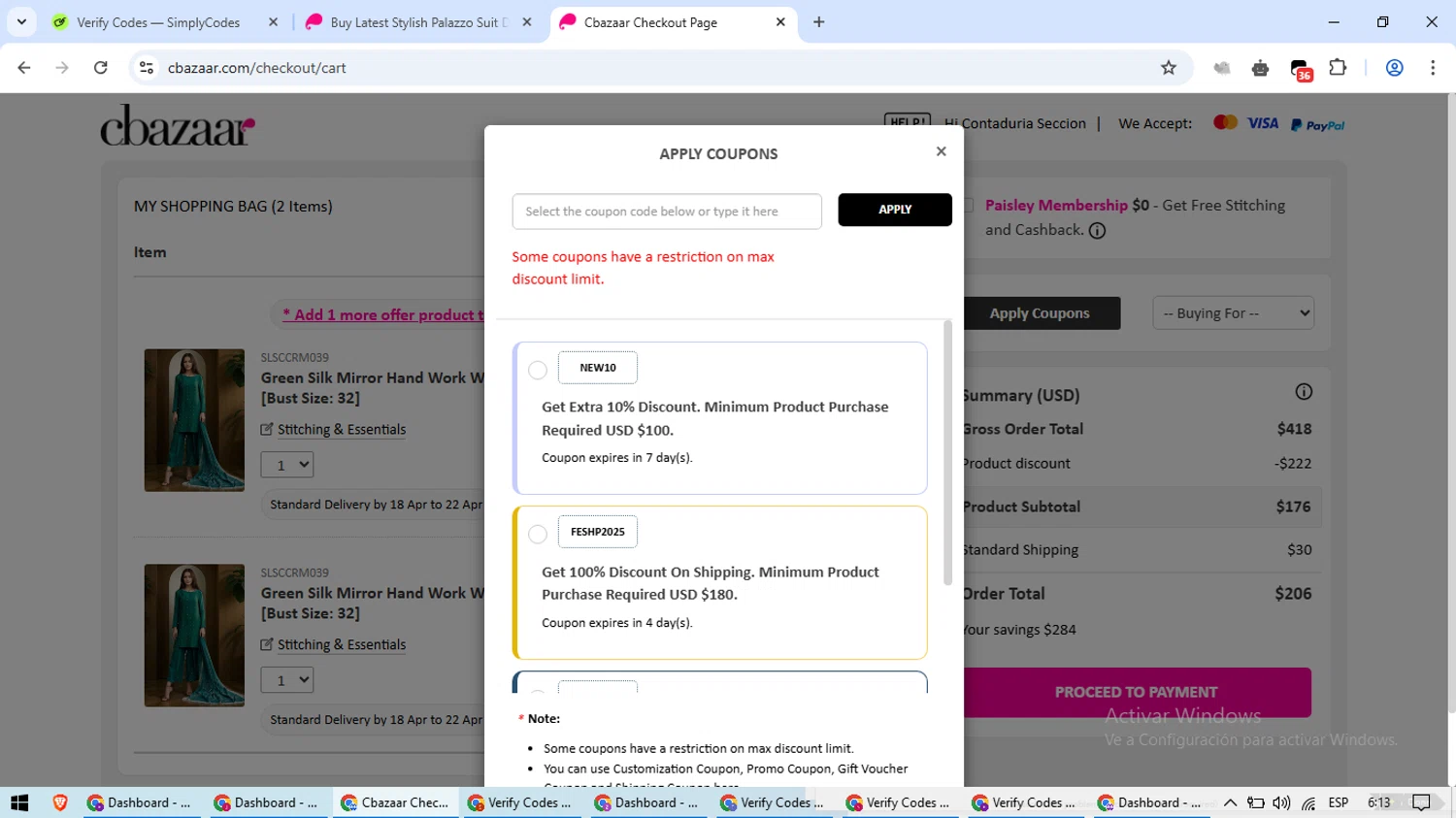 Cbazaar promo code screenshot showing code EXTRA20NJ1 applied at Cbazaar checkout page. Uploaded by SimplyCodes community member aSASAS on Mar 28, 2025