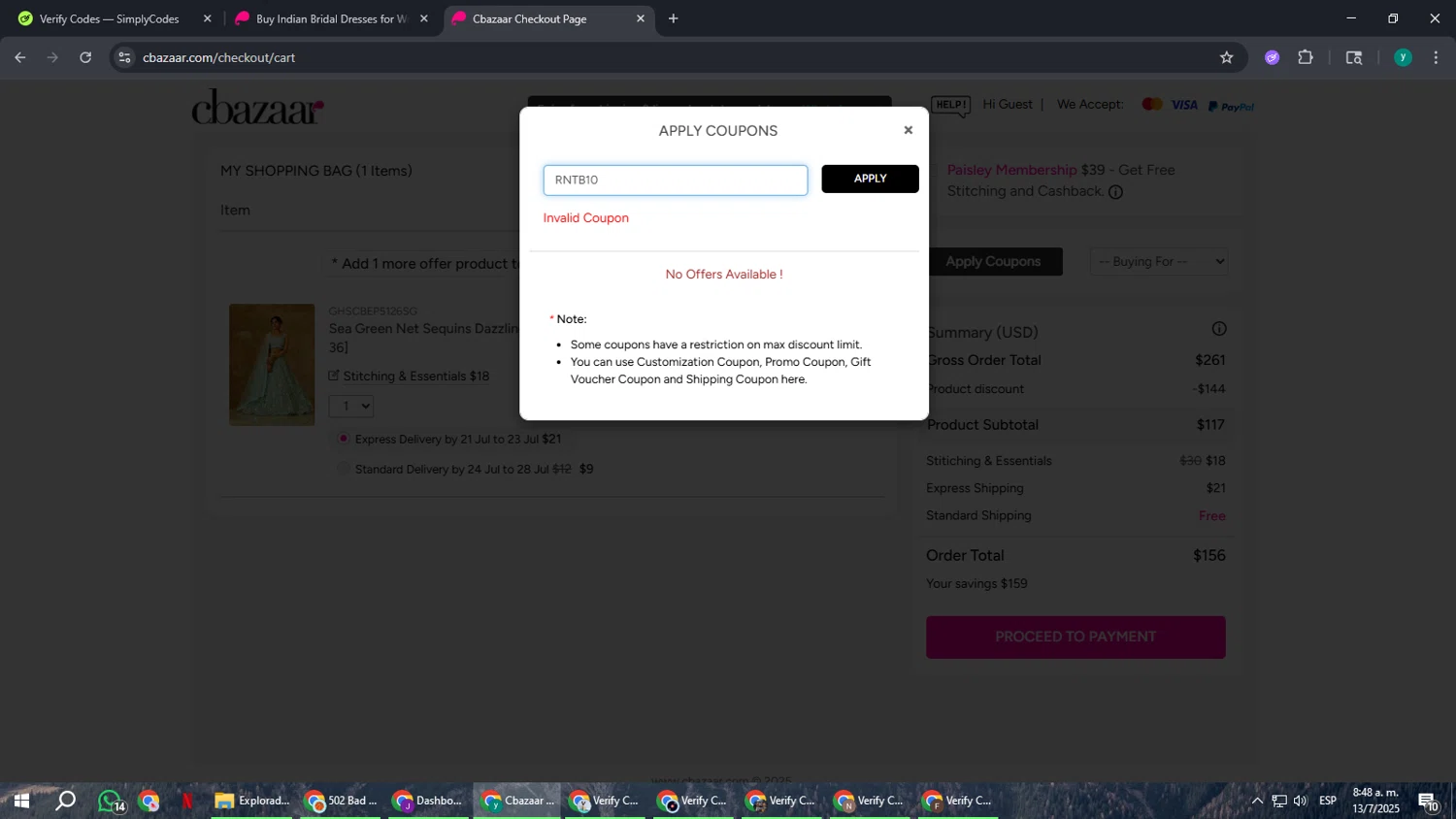 Cbazaar promo code screenshot showing code RNTB10 applied at Cbazaar checkout page. Uploaded by SimplyCodes community member FrugalCaptain6906 on Jul 13, 2025