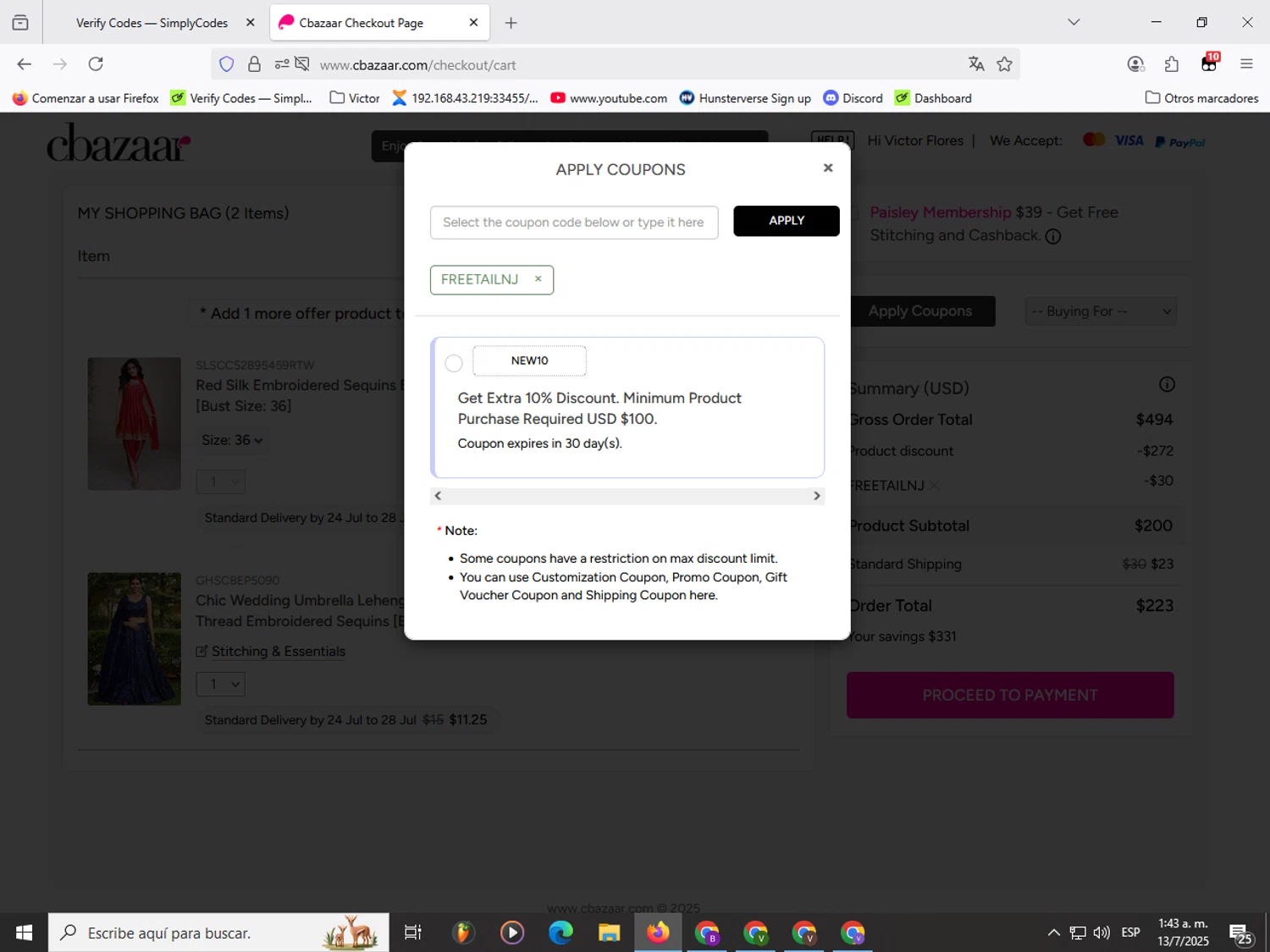 Cbazaar promo code screenshot showing code FREETAILNJ applied at Cbazaar checkout page. Uploaded by SimplyCodes community member Garou_Y2K on Jul 13, 2025