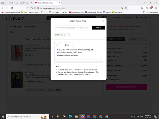 Cbazaar checkout page showing Cbazaar promo code box | Screenshot taken by SimplyCodes community member on Jul 13, 2025