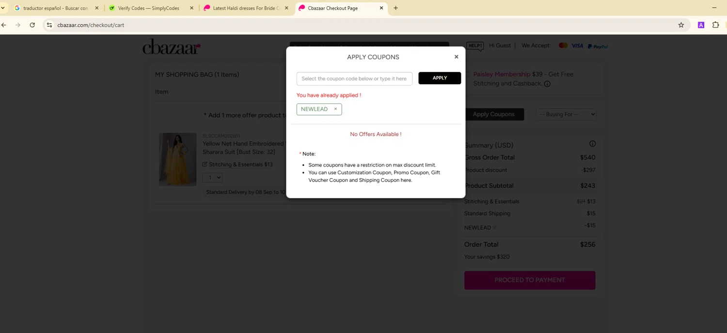 Cbazaar promo code screenshot showing code NEWLEAD applied at Cbazaar checkout page. Uploaded by SimplyCodes community member ScanGenius949 on Aug 11, 2025