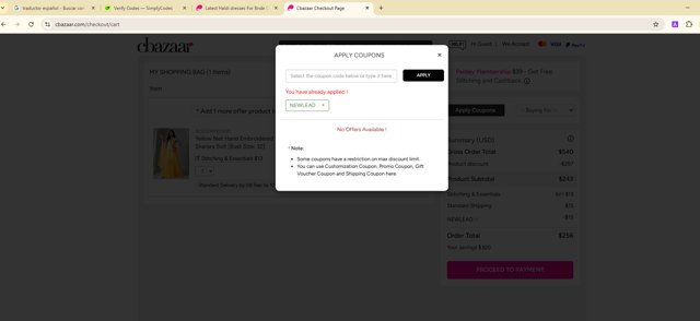 Cbazaar checkout page showing Cbazaar promo code box | Screenshot taken by SimplyCodes community member on Aug 11, 2025