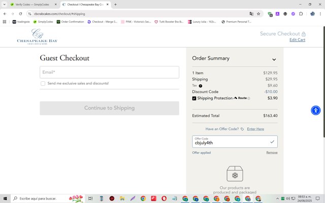 Chesapeake Bay Crab Cakes checkout page showing Chesapeake Bay Crab Cakes promo code box | Screenshot taken by SimplyCodes community member on Aug 24, 2025