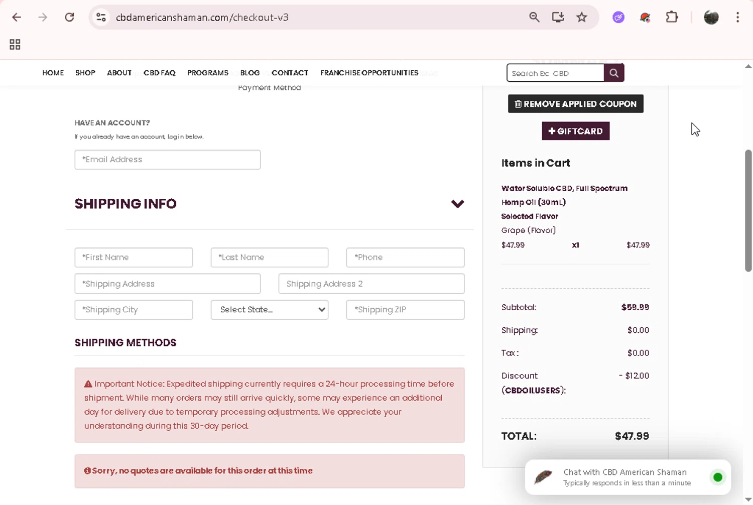 CBD American Shaman promo code screenshot showing code cbdoilusers applied at CBD American Shaman checkout page. Uploaded by SimplyCodes community member onebullet on Nov 26, 2025