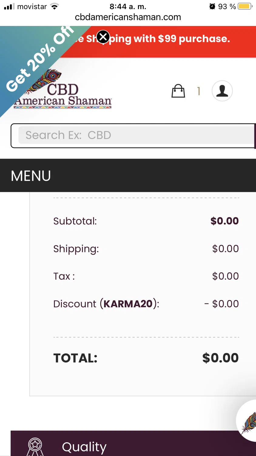 CBD American Shaman promo code screenshot showing code KARMA20 applied at CBD American Shaman checkout page. Uploaded by SimplyCodes community member ABHF23 on May 31, 2025