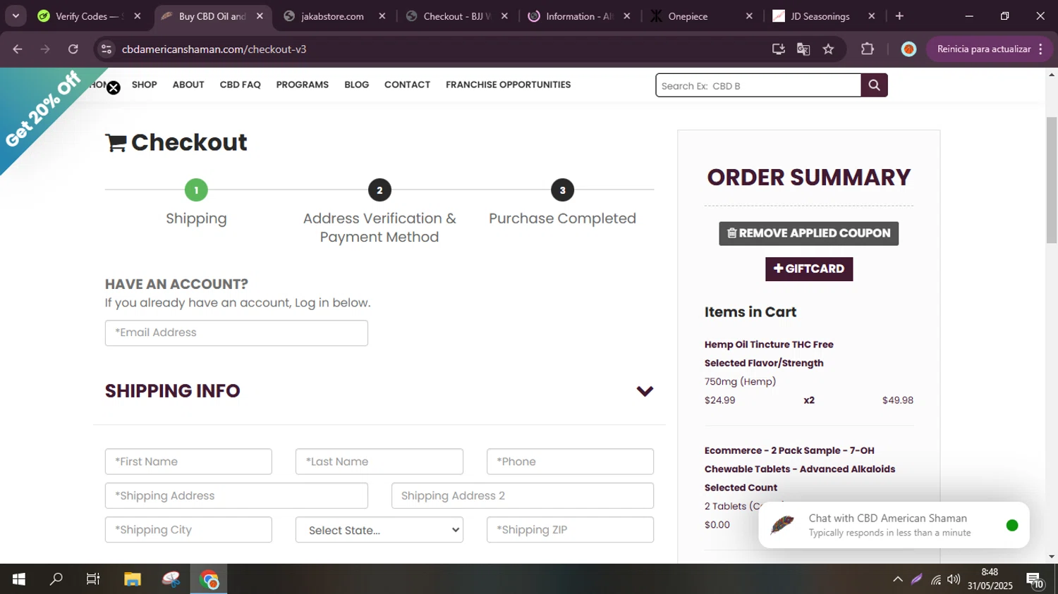 CBD American Shaman promo code screenshot showing code KARMA20 applied at CBD American Shaman checkout page. Uploaded by SimplyCodes community member Mr_fran on May 31, 2025