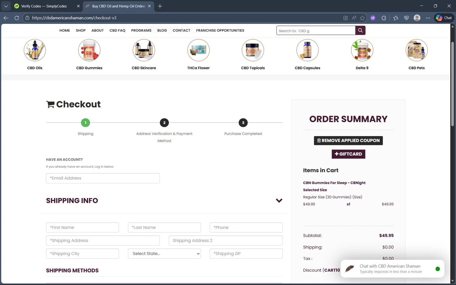 CBD American Shaman checkout page showing CBD American Shaman promo code box | Screenshot taken by SimplyCodes community member on Jan 1, 2026