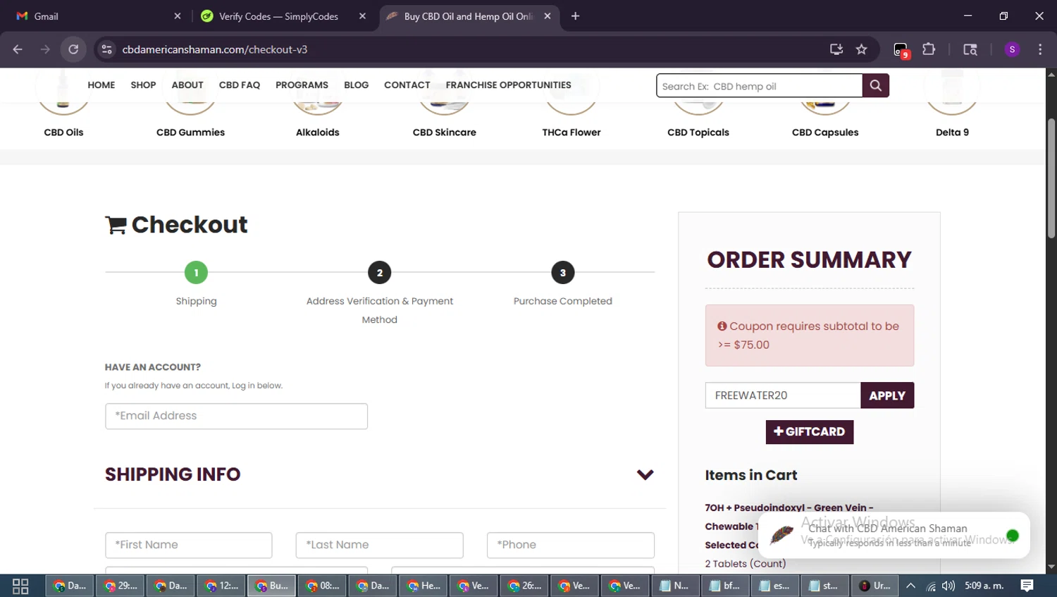CBD American Shaman promo code screenshot showing code FREEWATER20 applied at CBD American Shaman checkout page. Uploaded by SimplyCodes community member ShieldWarden7838 on Nov 5, 2025