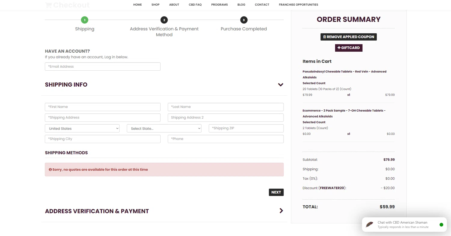 CBD American Shaman promo code screenshot showing code FREEWATER20 applied at CBD American Shaman checkout page. Uploaded by SimplyCodes community member MightyTitan865 on Jan 8, 2025