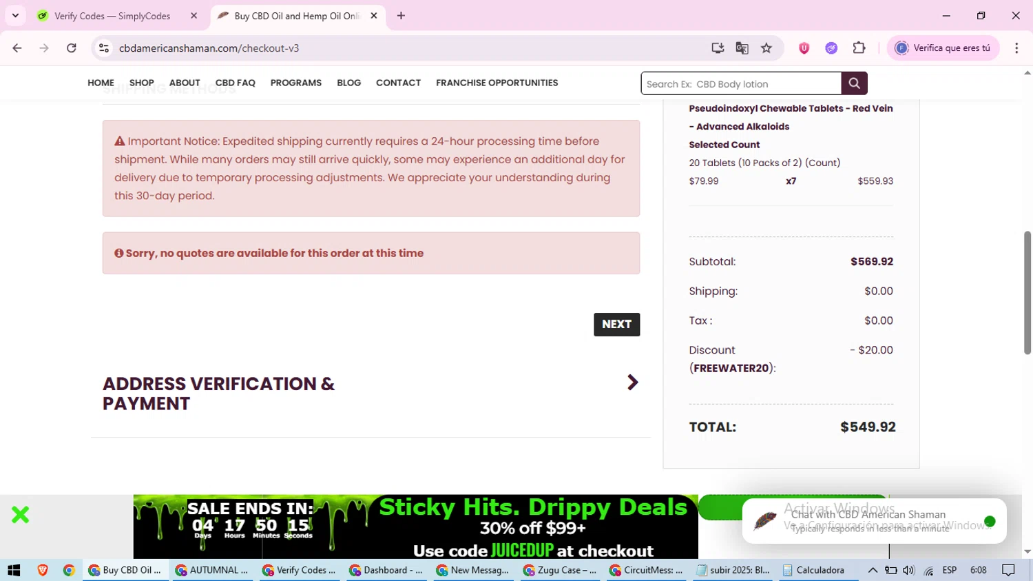 CBD American Shaman promo code screenshot showing code FREEWATER20 applied at CBD American Shaman checkout page. Uploaded by SimplyCodes community member loversuper on Jul 27, 2025