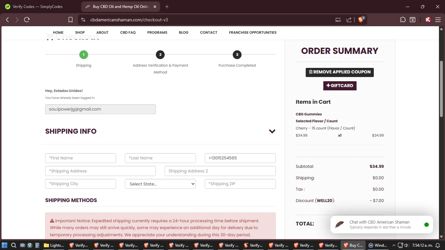 CBD American Shaman checkout page showing CBD American Shaman promo code box | Screenshot taken by SimplyCodes community member on Jan 27, 2026