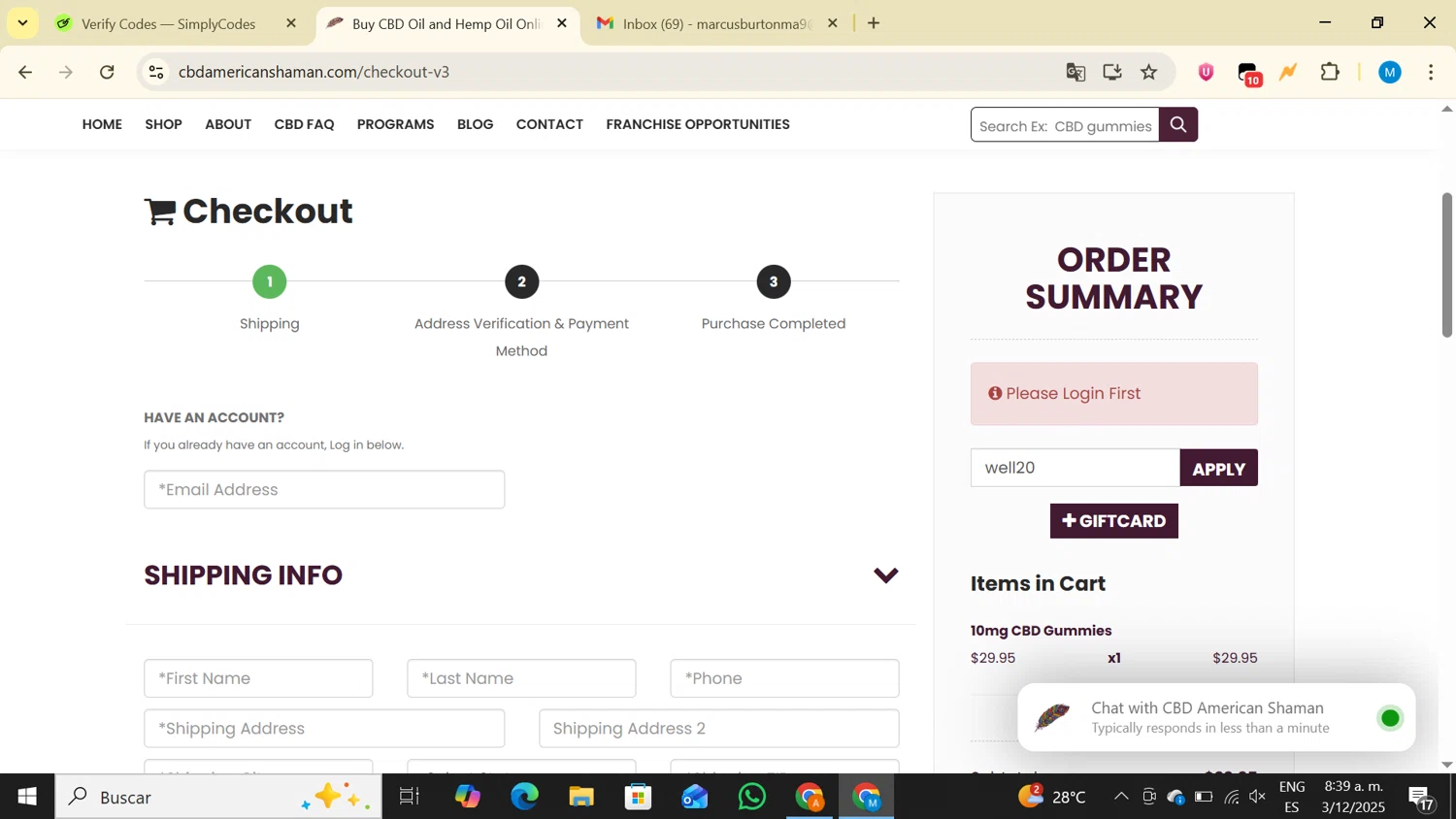 CBD American Shaman promo code screenshot showing code well20 applied at CBD American Shaman checkout page. Uploaded by SimplyCodes community member LegendaryAce4371 on Dec 3, 2025